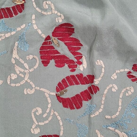 🔸️🔺️Lux Olive Green Silk Embroidered Sleeveless Blouse Medium - Picture 6 of 10